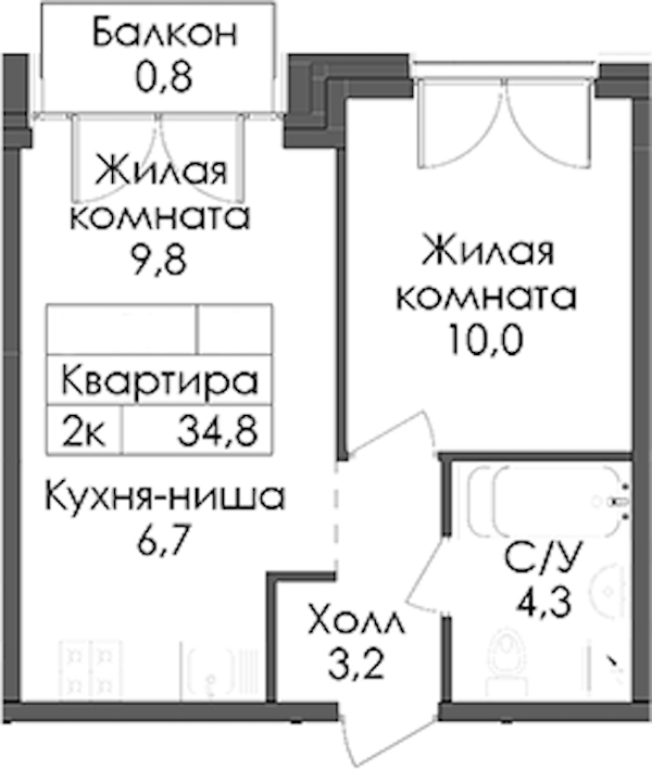 1-комнатная квартира 34.8 м², 4/9 эт., ЖК «Лермонтовский 54»
